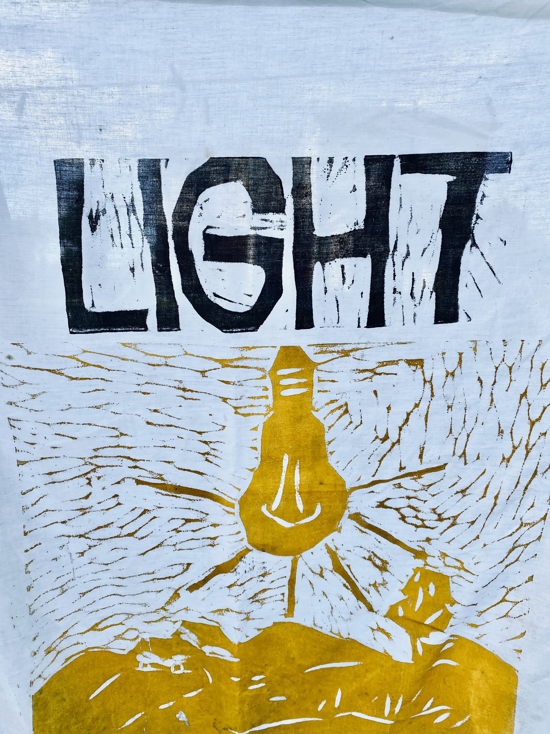 Vintage Bread & Puppet Style Block Printed Light Banner 46 x 42