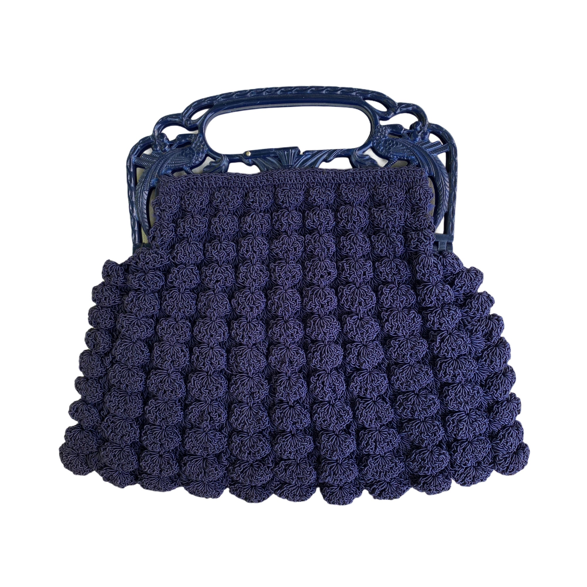 Vintage Navy Blue Gimp Corde Crocheted Handbag with Bird Handle