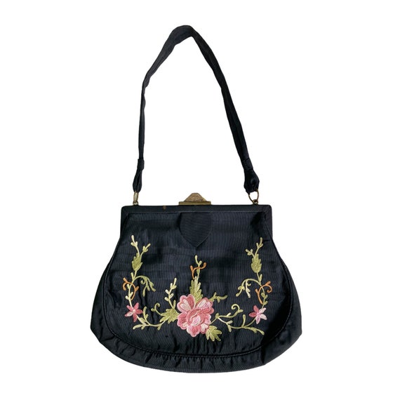 Victorian Floral Chain Stitch on Black Silk Handba