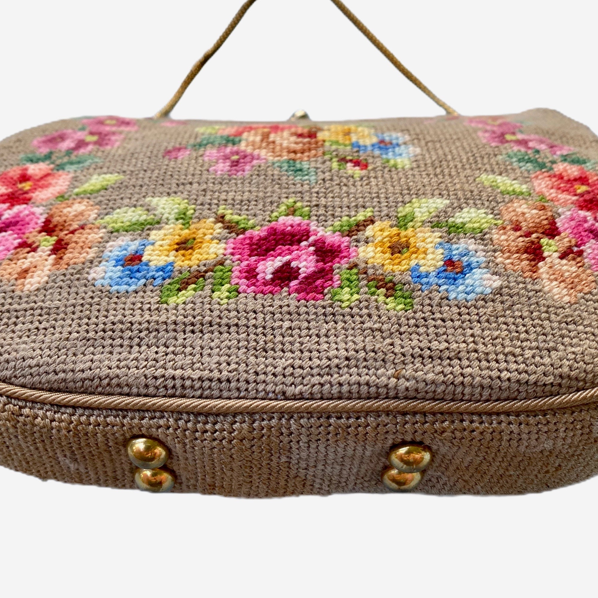 Vintage Needlepoint Purse with Coin Purse and Mirror