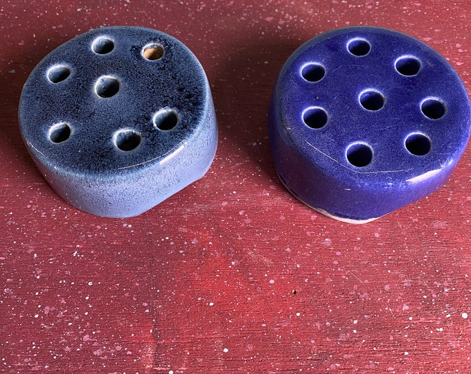 Pair of Vintage Blue Ceramic Weller Flower Frogs