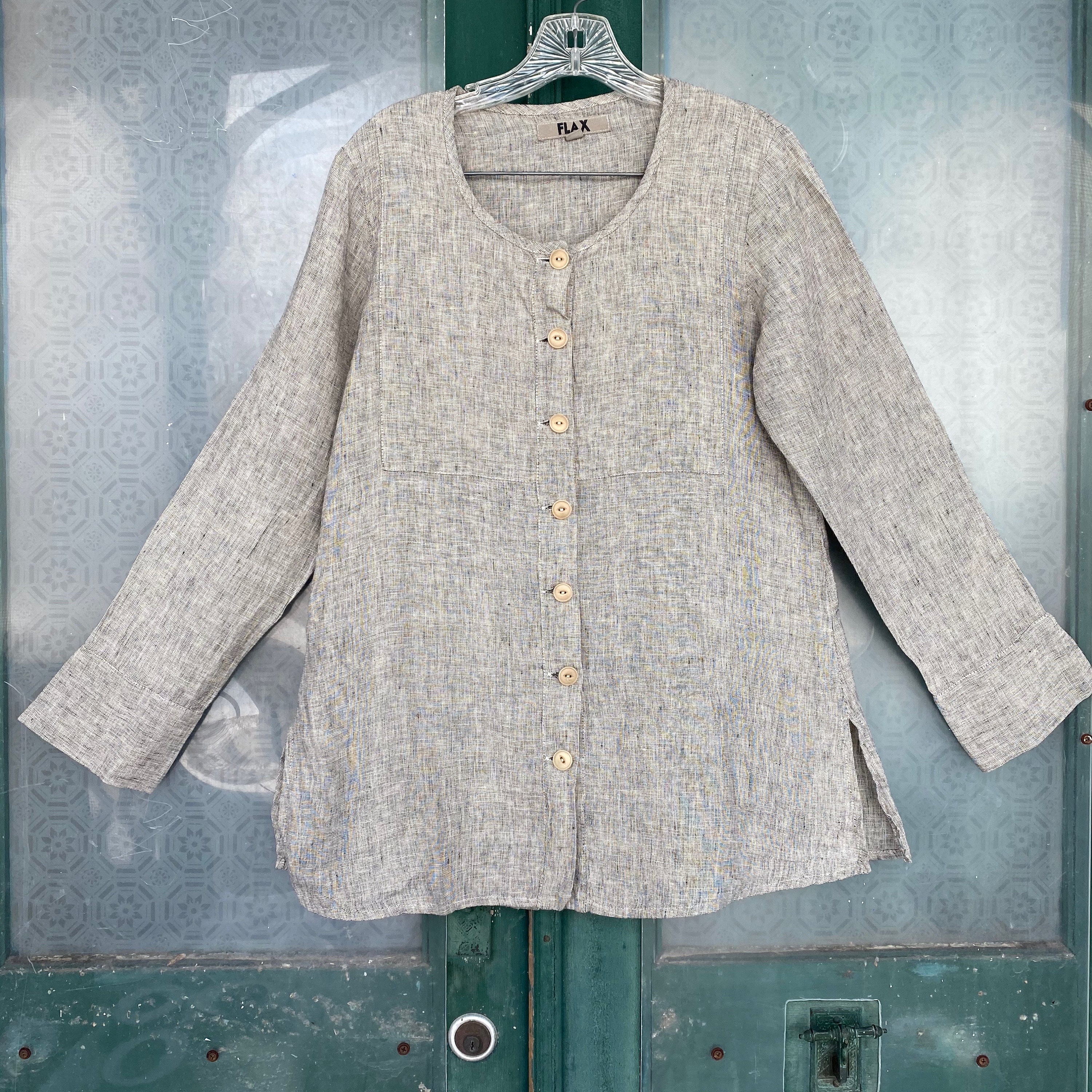 FLAX Long Sleeve Blouse P/XS YarnDyed Natural/Black Linen