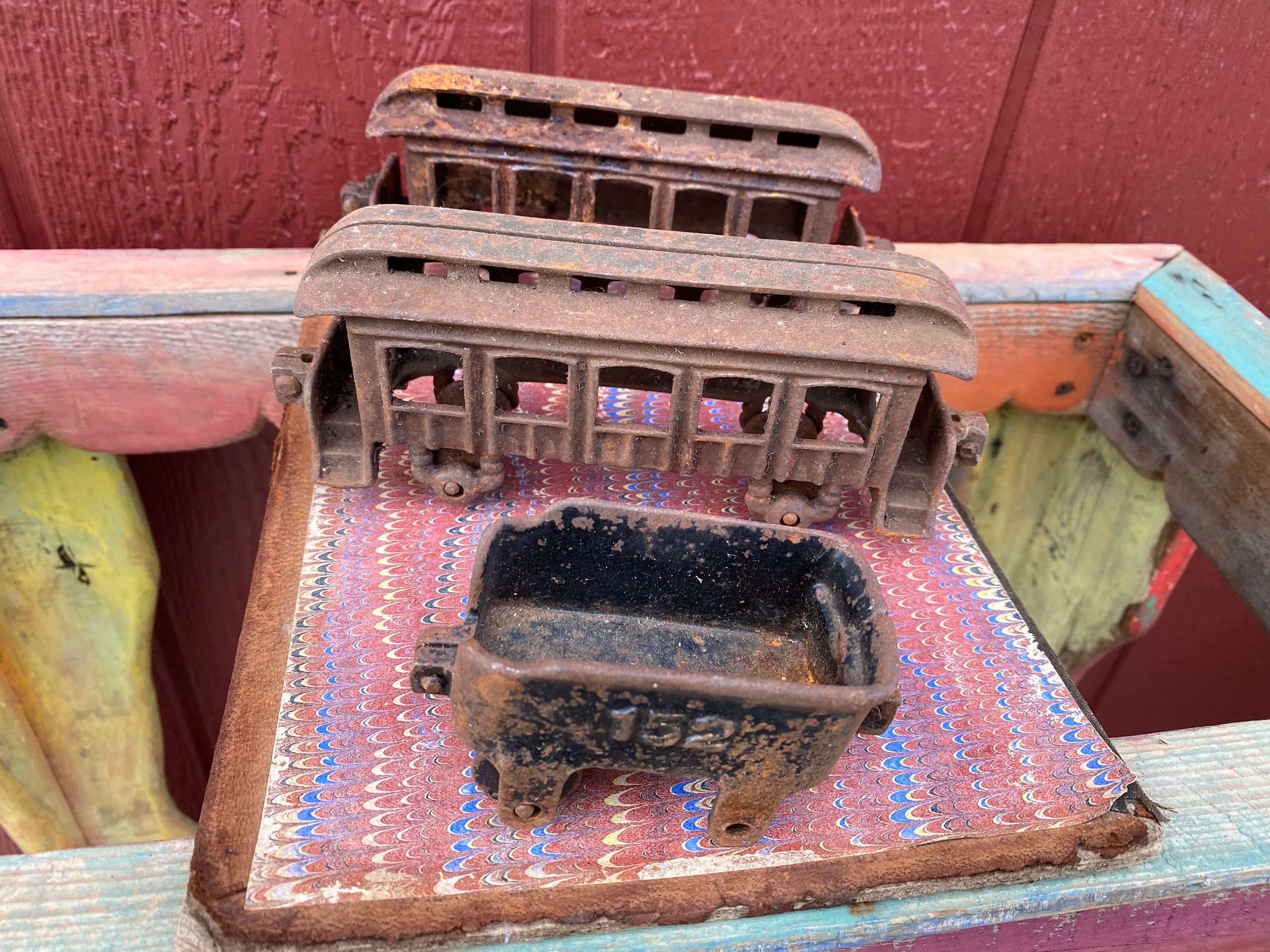 3 Rusty Cast Iron Toy Train Cars