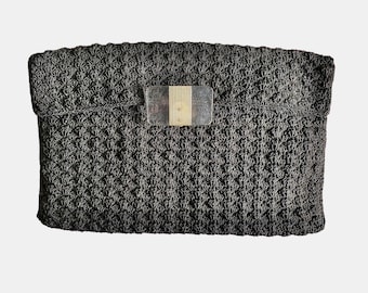 Vintage Large Black Gimp Corde Crocheted Clutch with Lucite Latch