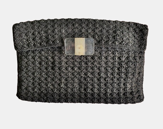 Vintage Large Black Gimp Corde Crocheted Clutch with Lucite Latch