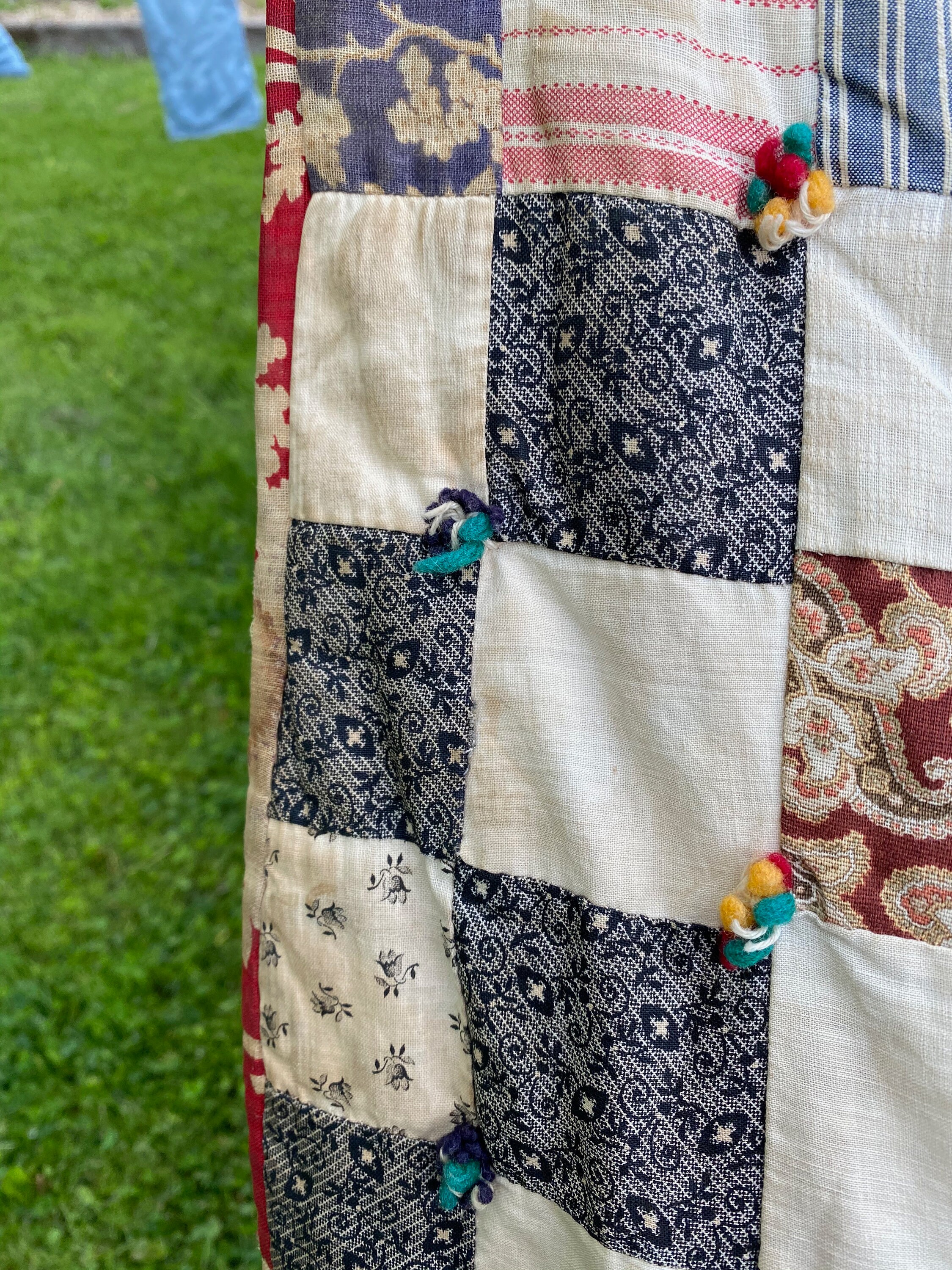 Colorful Checkerboard Vintage Tied Quilt 84 x 78