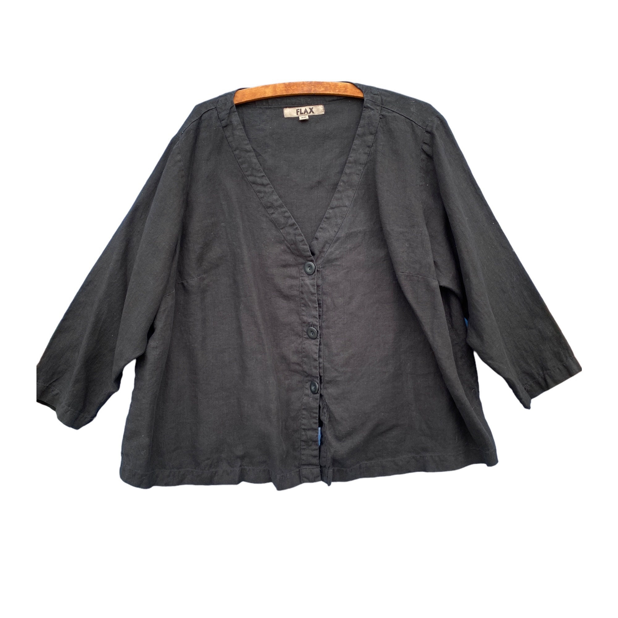 FLAX Simple V-Neck Jacket -2G/2X- Black Linen