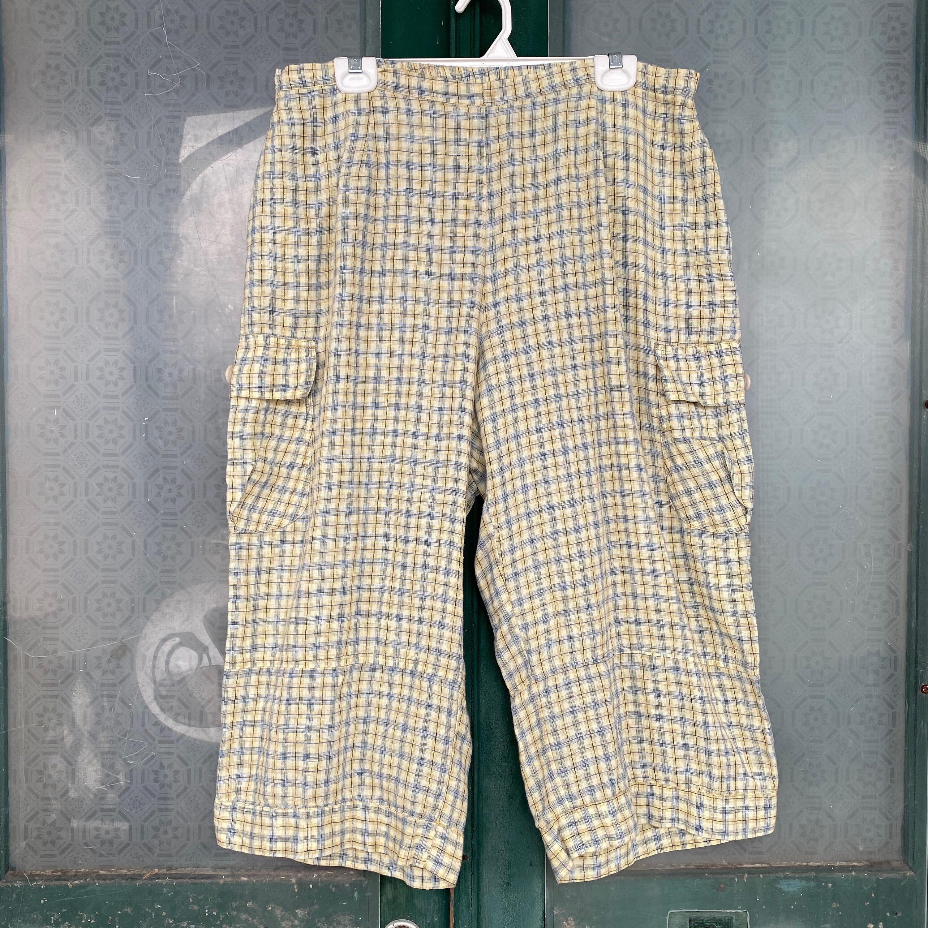 blue and yellow plaid pants