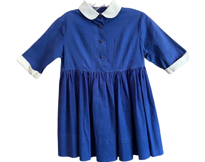 Vintage Navy Blue Cotton Girls Dress with Sweet White Collar