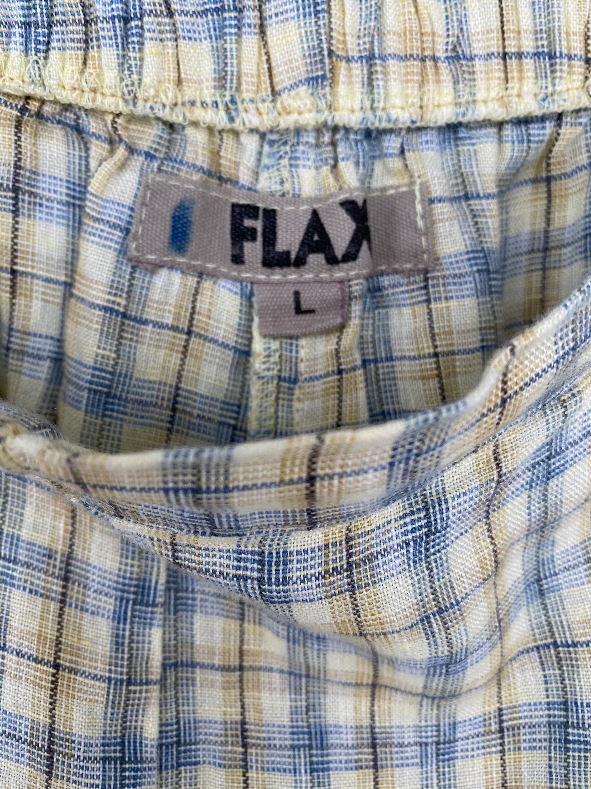 FLAX Designs Cropped Cargo Pants -L- Blue/Yellow Plaid Linen