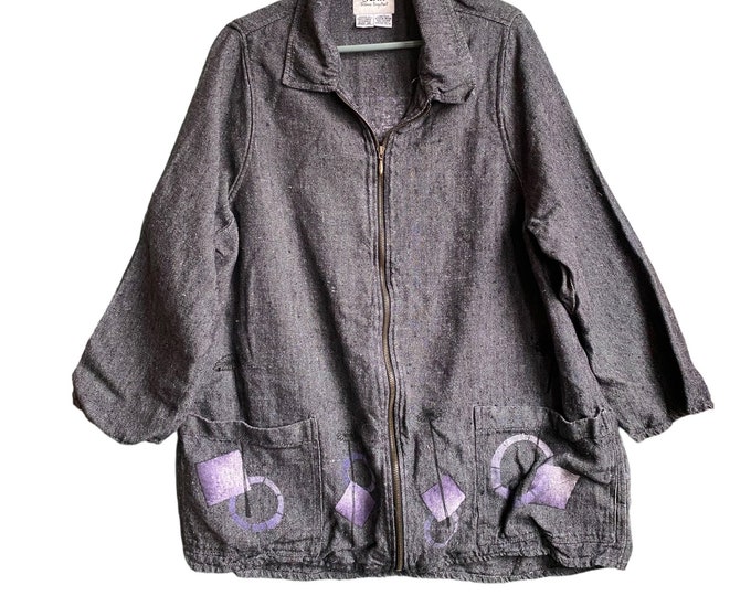 FLAX Engelhart Fall 2000 Artwear Zip Jacket -3G/3X- Yarn-Dyed Gray Riverbed Heavy Weight Linen