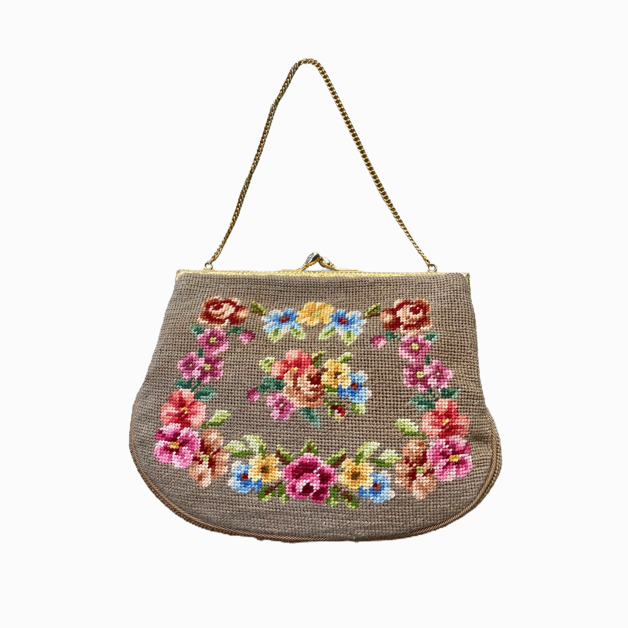 Vintage Needlepoint Purse with Coin Purse and Mirror