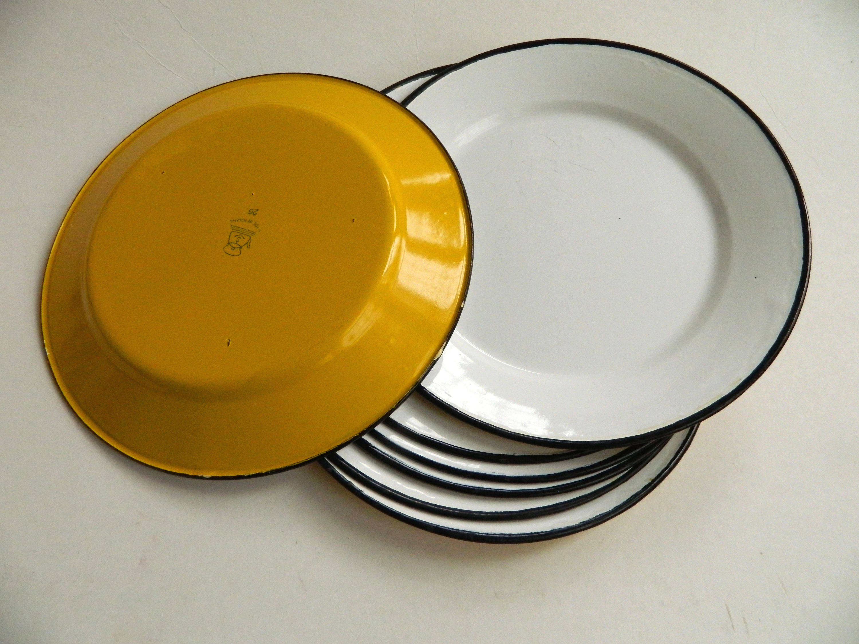 Set of 7 Yellow and White Enamelware 10 Inch Plates Made in Poland