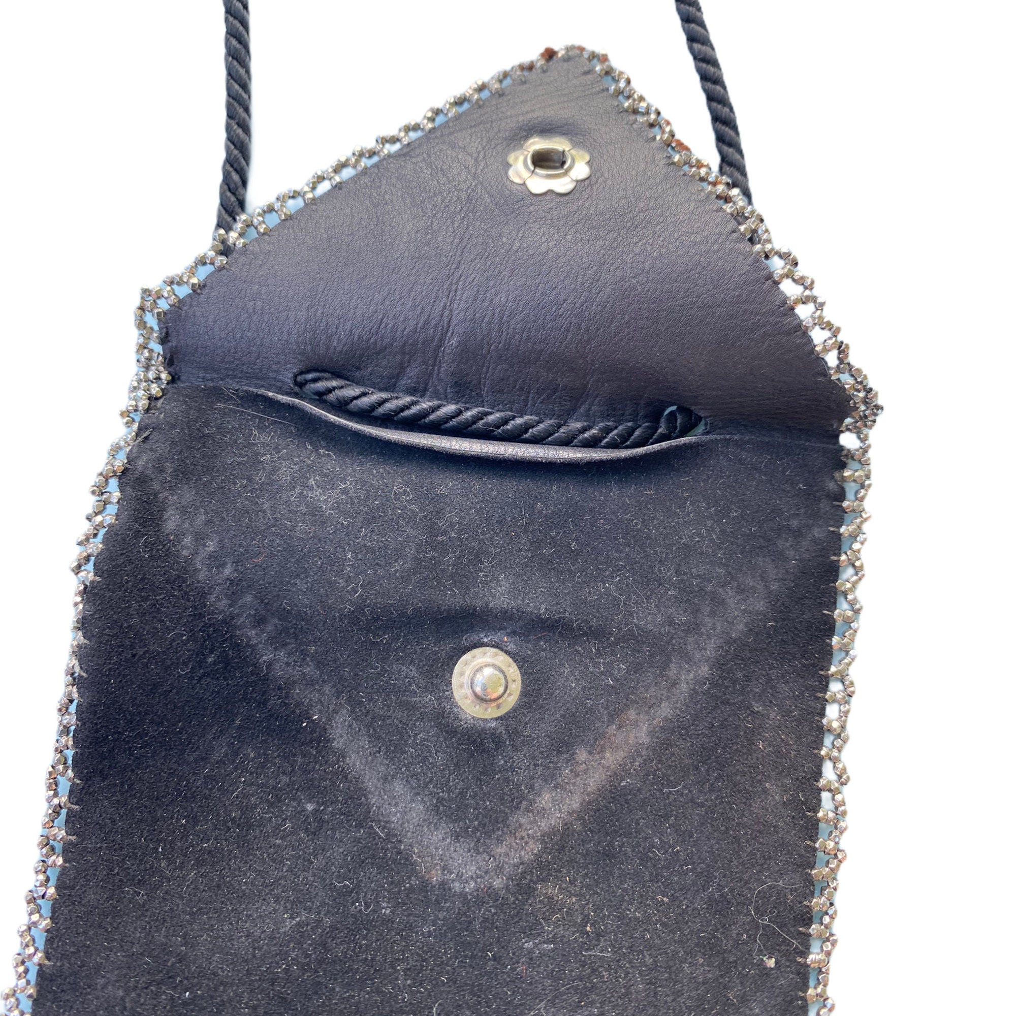 Vintage Black Suede Pouch Bag with Steel Cut Metal Bead Trim