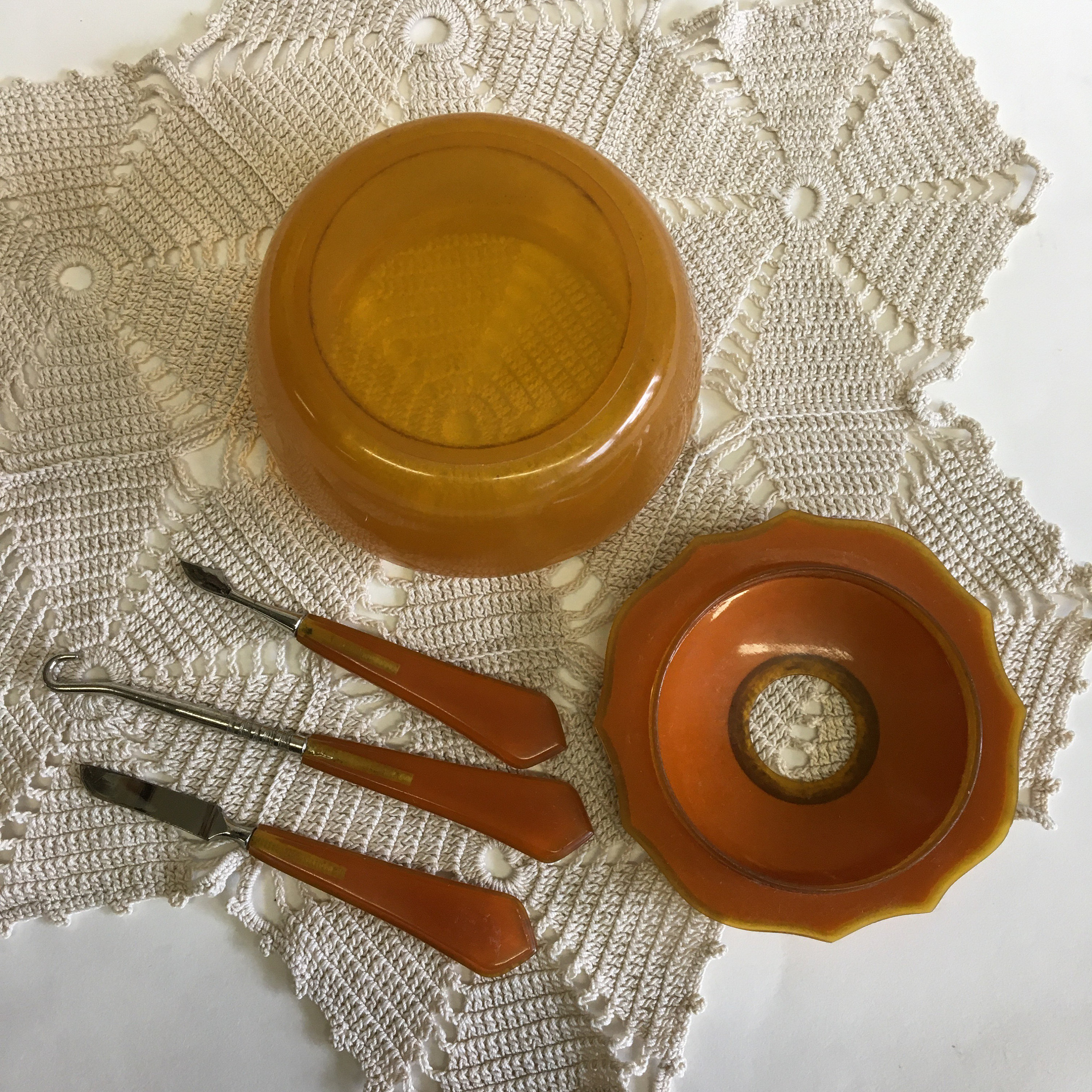 Vintage Celluloid Vanity Set and Doily
