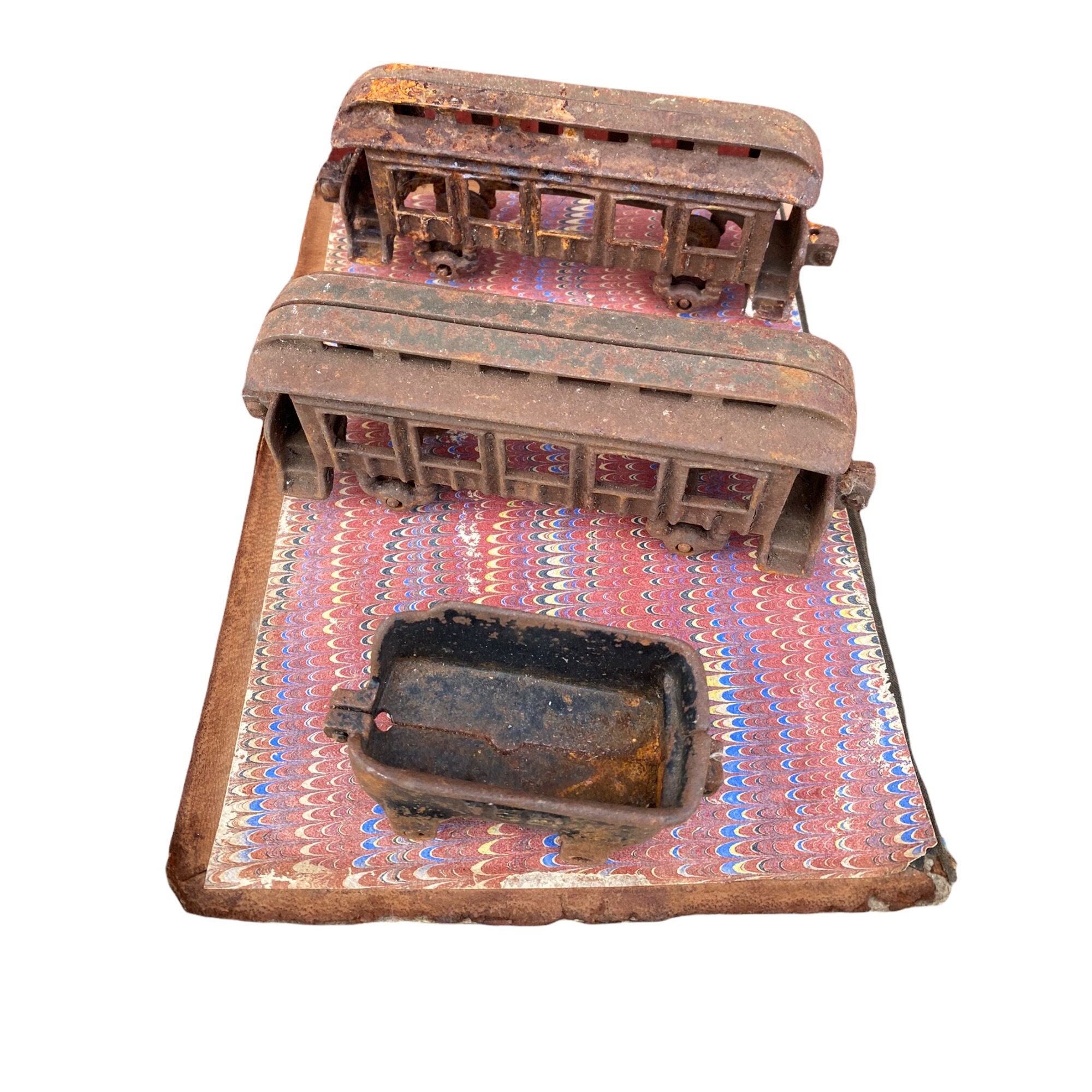 3 Rusty Cast Iron Toy Train Cars