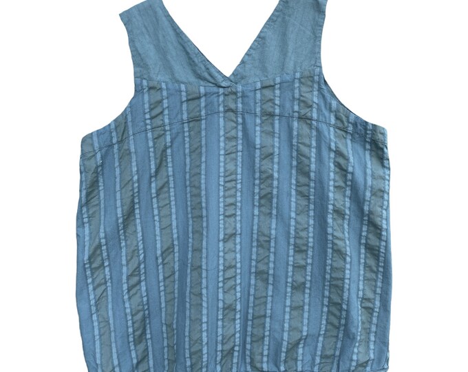 Cynthia Ashby V-Neck Tank -L- Teal Stripe Cotton-Linen Blend