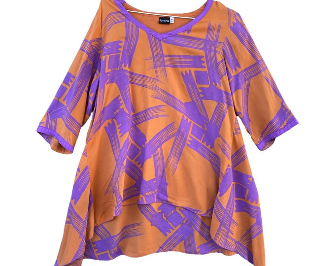 Iguana Artsy V-Neck Tunic -M- Orange-Purple Rayon