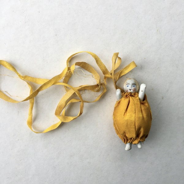 Antique Mini Bisque & Gold Silk Cushion Doll Necklace