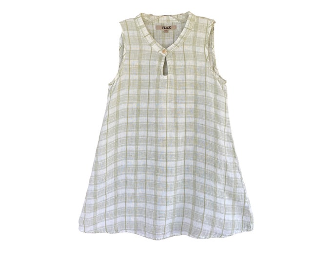 FLAX Linen Keyhole Tunic -P/S- Green/White Plaid Linen