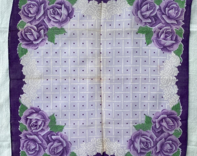 Vintage Handkerchief with Purple Roses