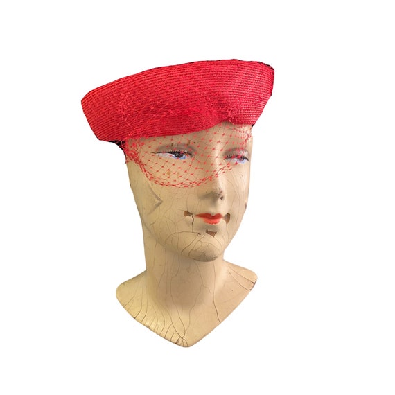 Vintage 1950s Red Pillbox Hat with Mesh Veil Gem