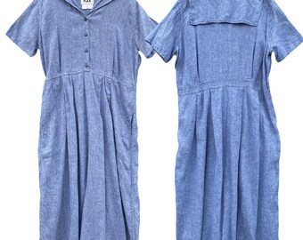 FLAX Vintage 2002 Seashore Dress -L- Blue Pointelle Linen