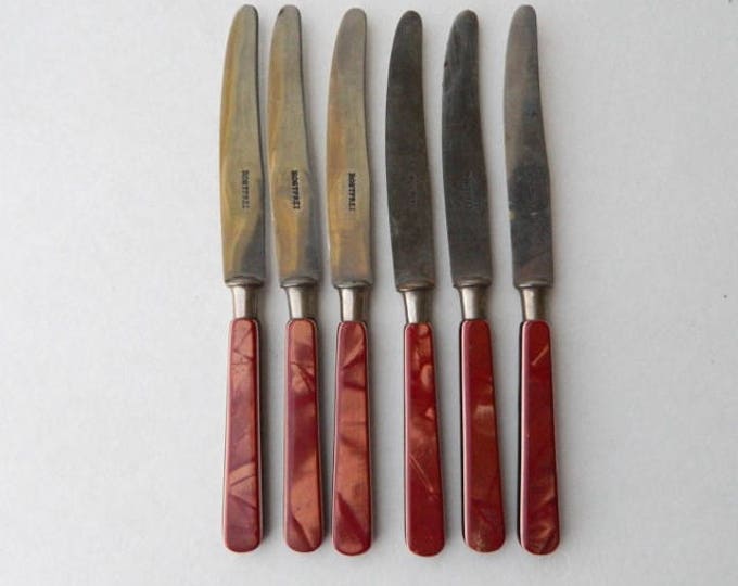 Set of 6 Rostfrei Stainless Steel Fruit Knives Red Marbled Bakelite Handles