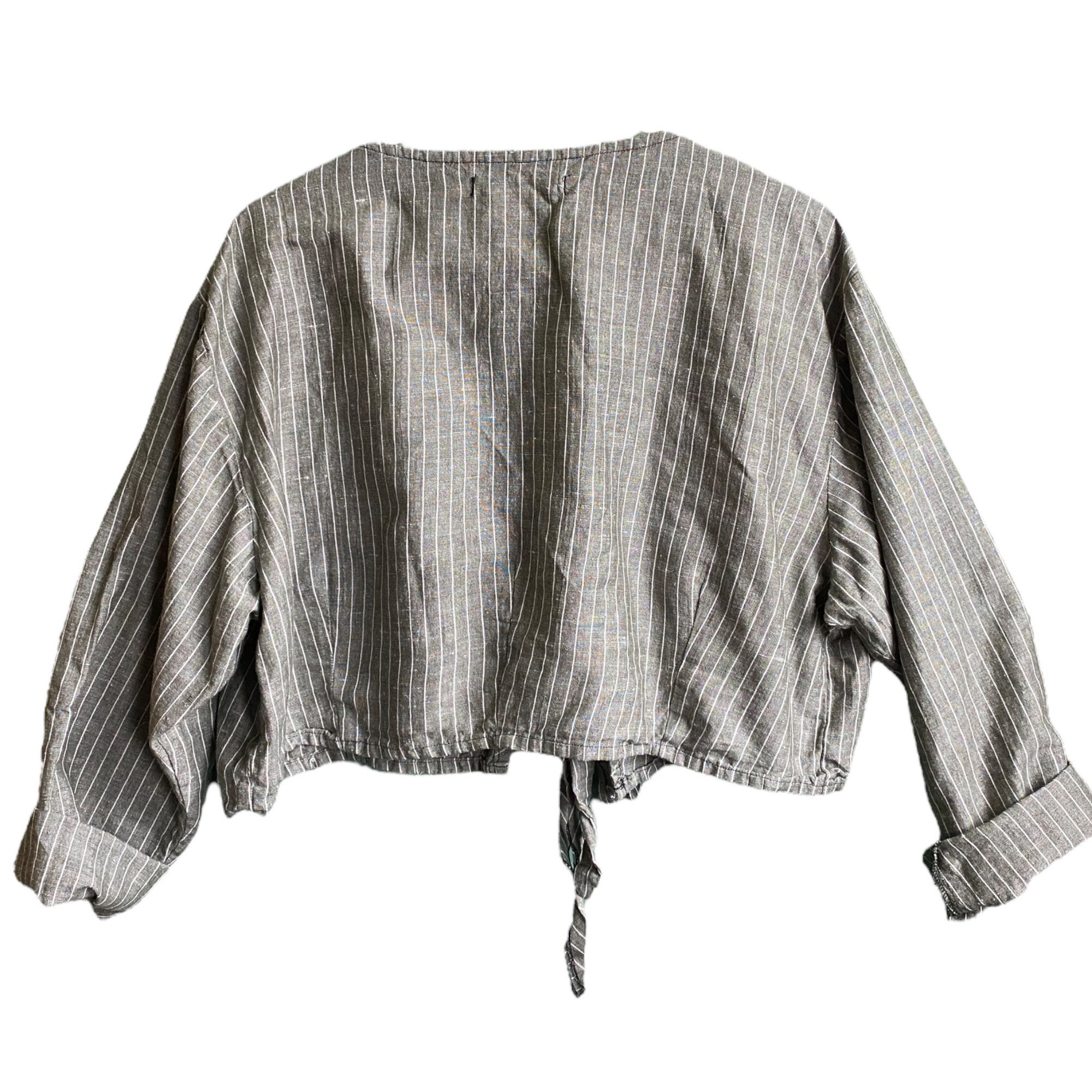 Sarah Clemens Artwear Cropped Jacket -L/XL- Gray Pinstripe Linen