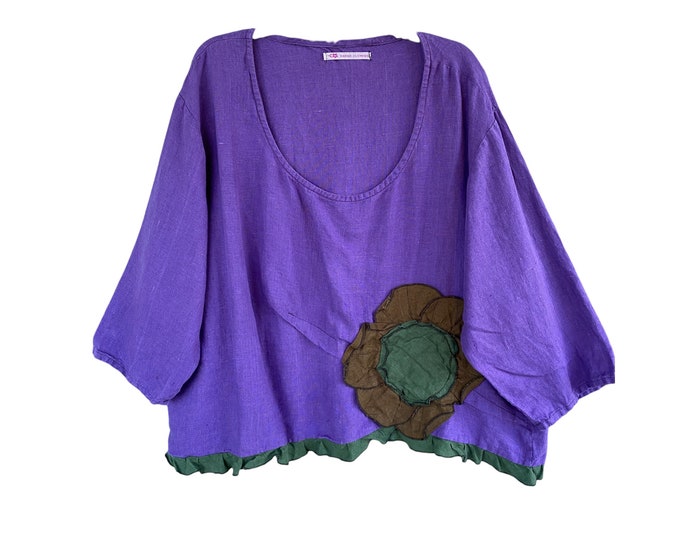 Sarah Clemens Long Sleeve Cropped Pullover Top -L/XL- Purple Linen