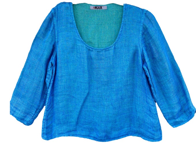 FLAX Scoop Neck Pullover -S- Blue & Green Gauze Linen