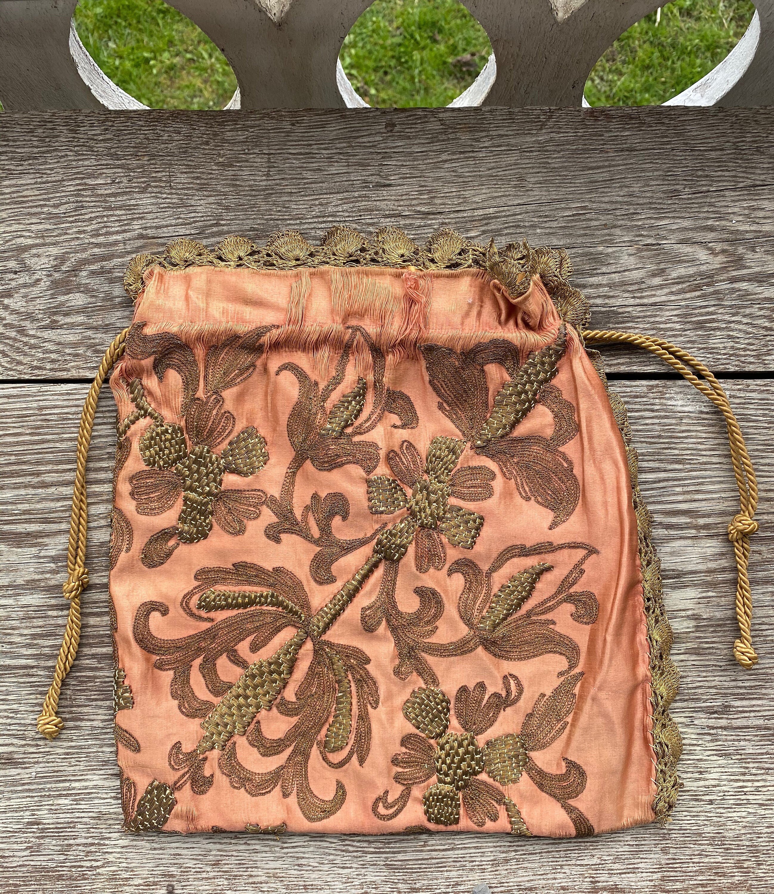 Victorian Silk Drawstring Bag with Gold Bullion Trim and Stitching
