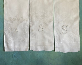 Collection of 3 Monogrammed "S" Vintage Linen Hand Dish Tea Towels