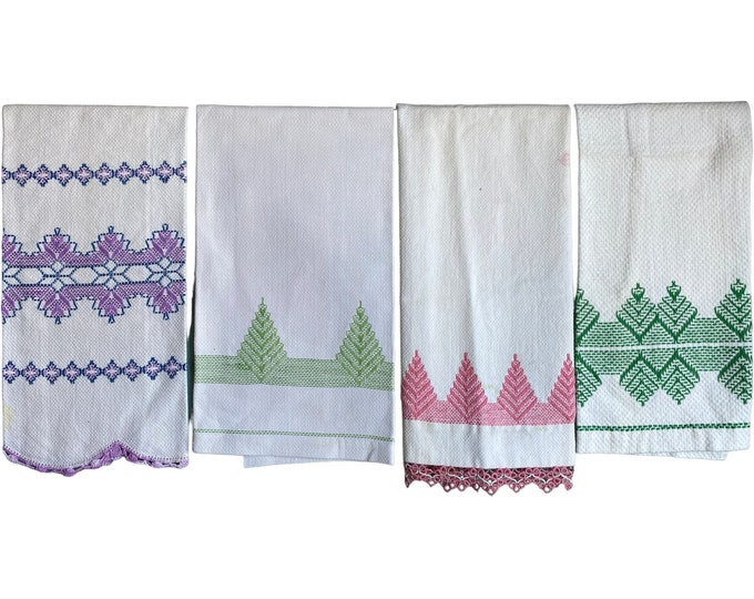 4 Vintage Huck Cloth Embroidered Cotton Hand Dish Tea Towels