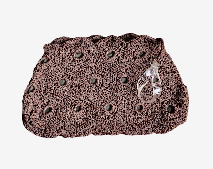 Vintage Chocolate Brown Zip Top Gimp Corde Crocheted Clutch with Lucite Zipper Pull