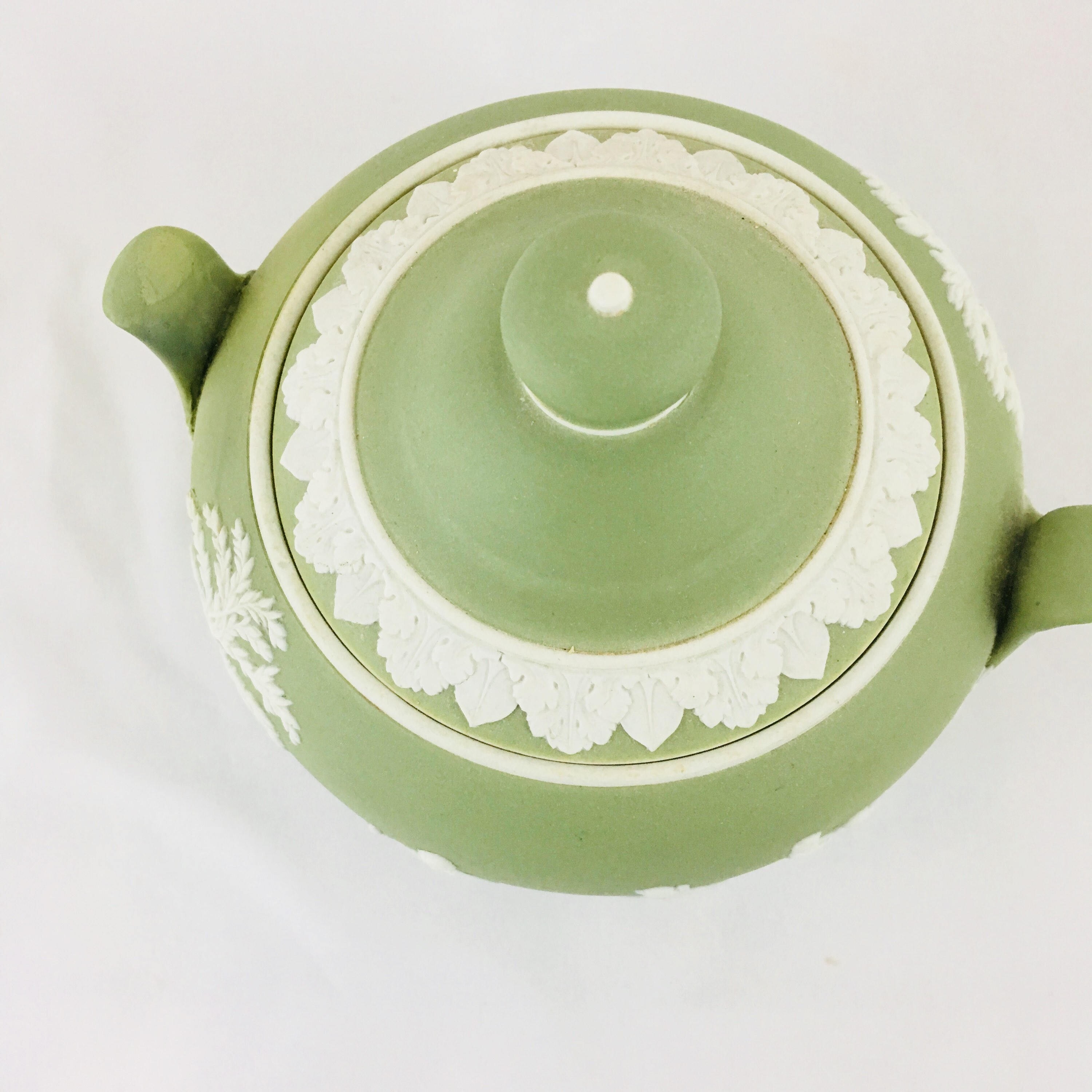 Vintage Wedgwood Jasperware Sugar Bowl Covered Dish Green and White