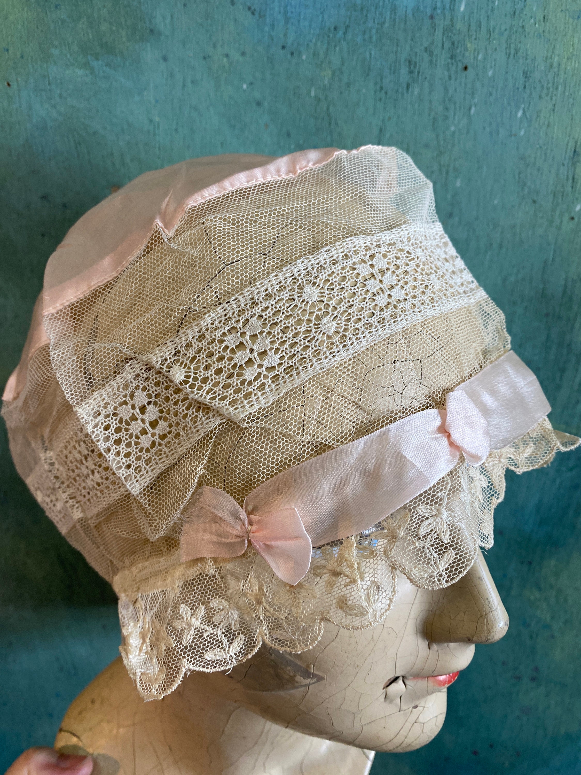 Victorian Pink Silk Satin and Lace Night Cap