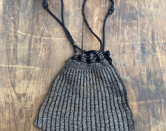 Antique Sparkly Beaded Trapezoidal Handbag with Drawcord Handle