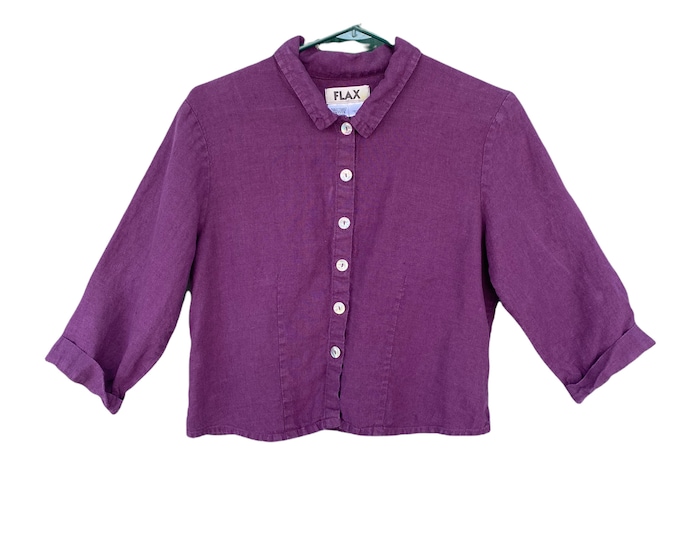 FLAX Cropped Blouse 3/4 Sleeves -XS/P- Purple Linen