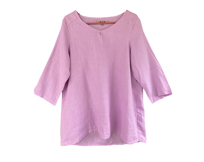 FLAX 3/4 Sleeve Pullover V-Neck Tunic -S- Lilac Lightweight Linen