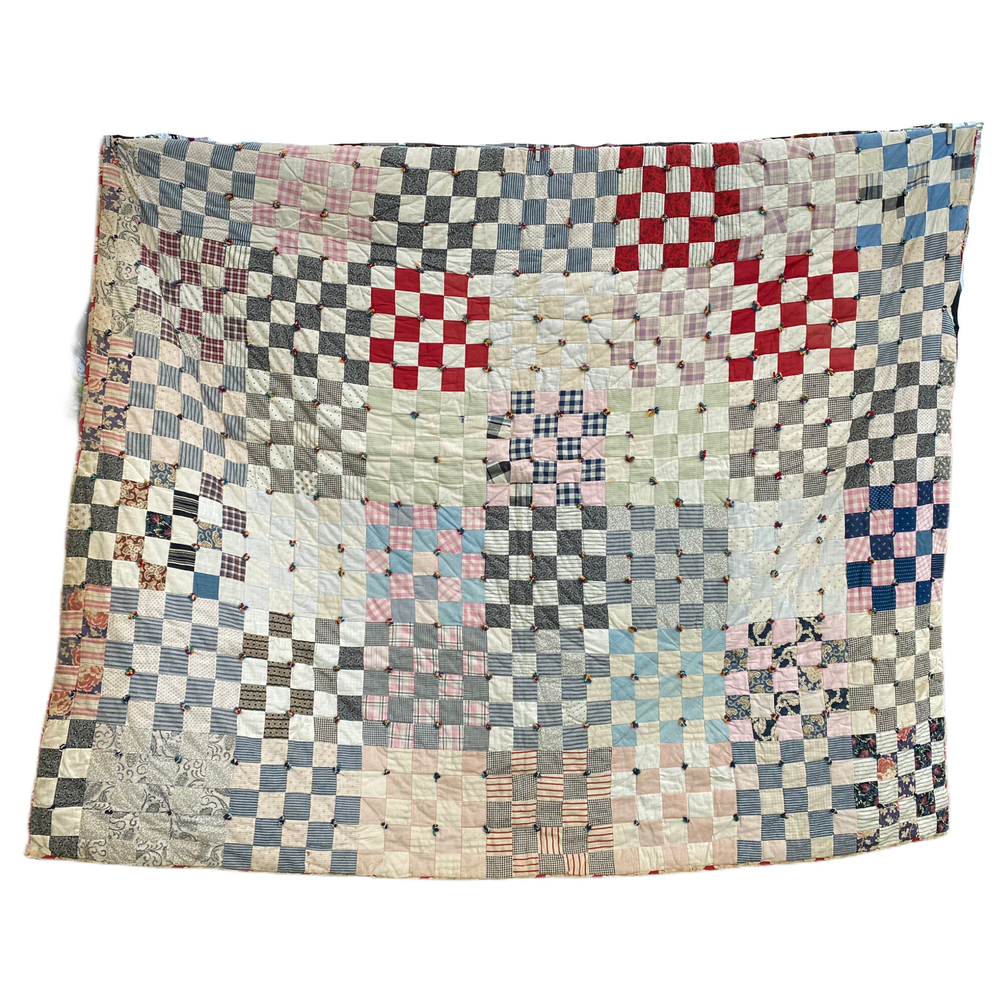 Colorful Checkerboard Vintage Tied Quilt 84 x 78