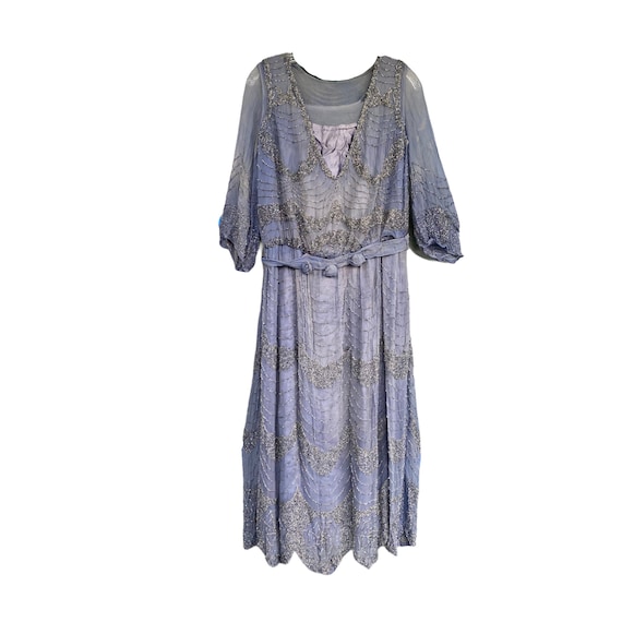 Vintage 1930s Blue Silk Chiffon Beaded Satin-Lined
