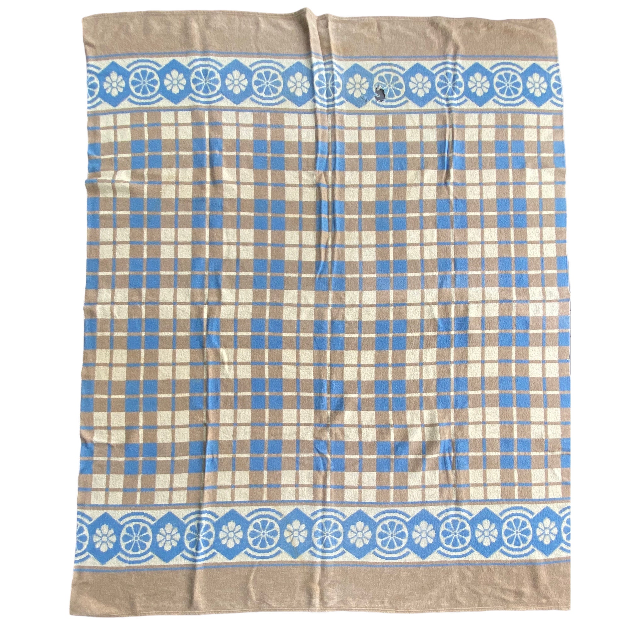 Vintage Beacon Style Blanket Blue Tan Cream 66 x 60