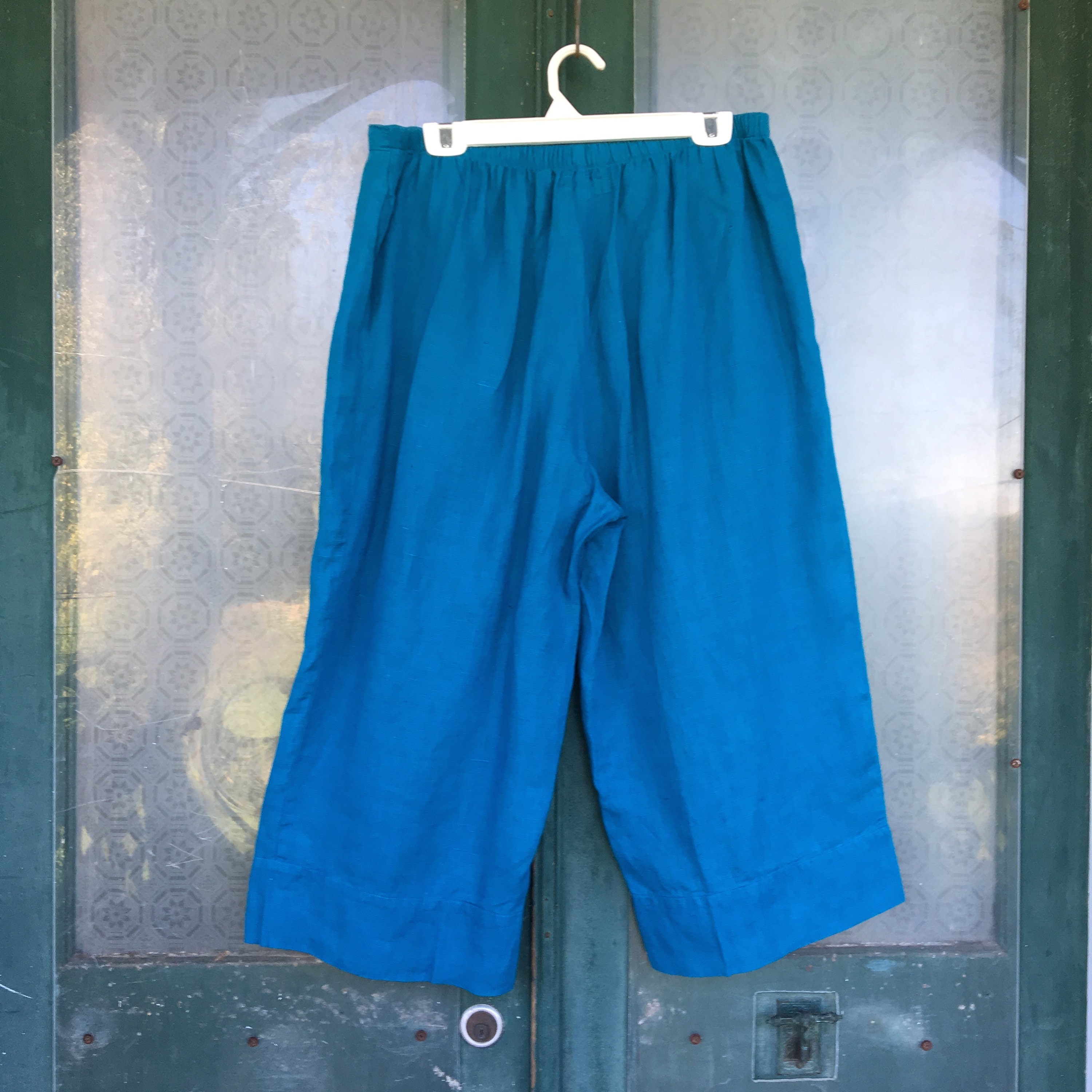 teal linen trousers
