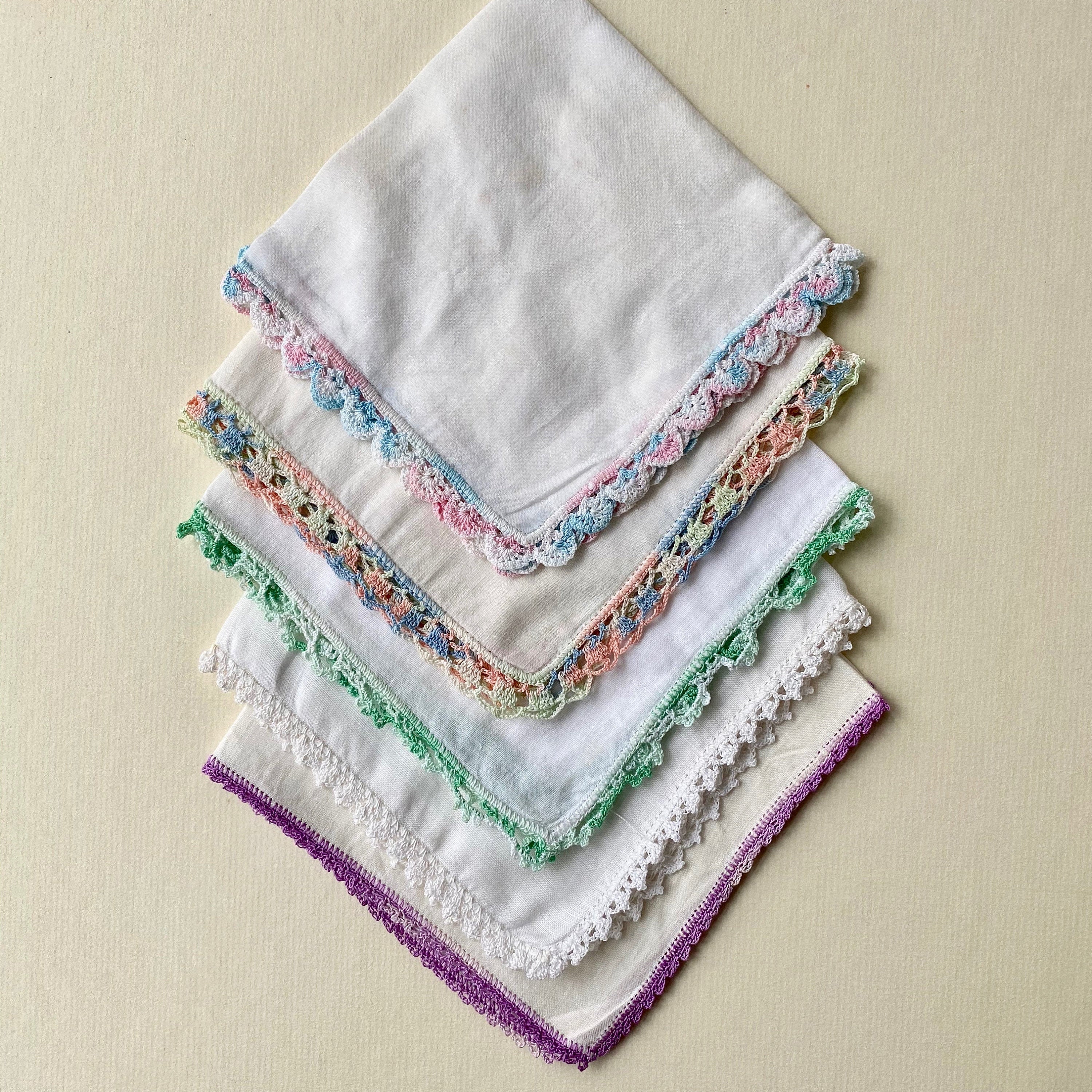 Collection of 5 Vintage Handkerchiefs with Crocheted Edging