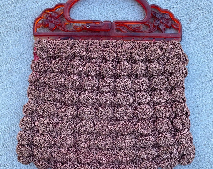 Vintage Mauve Gimp Corde Crocheted Handbag with Flower Handle and Polka Dot Lining