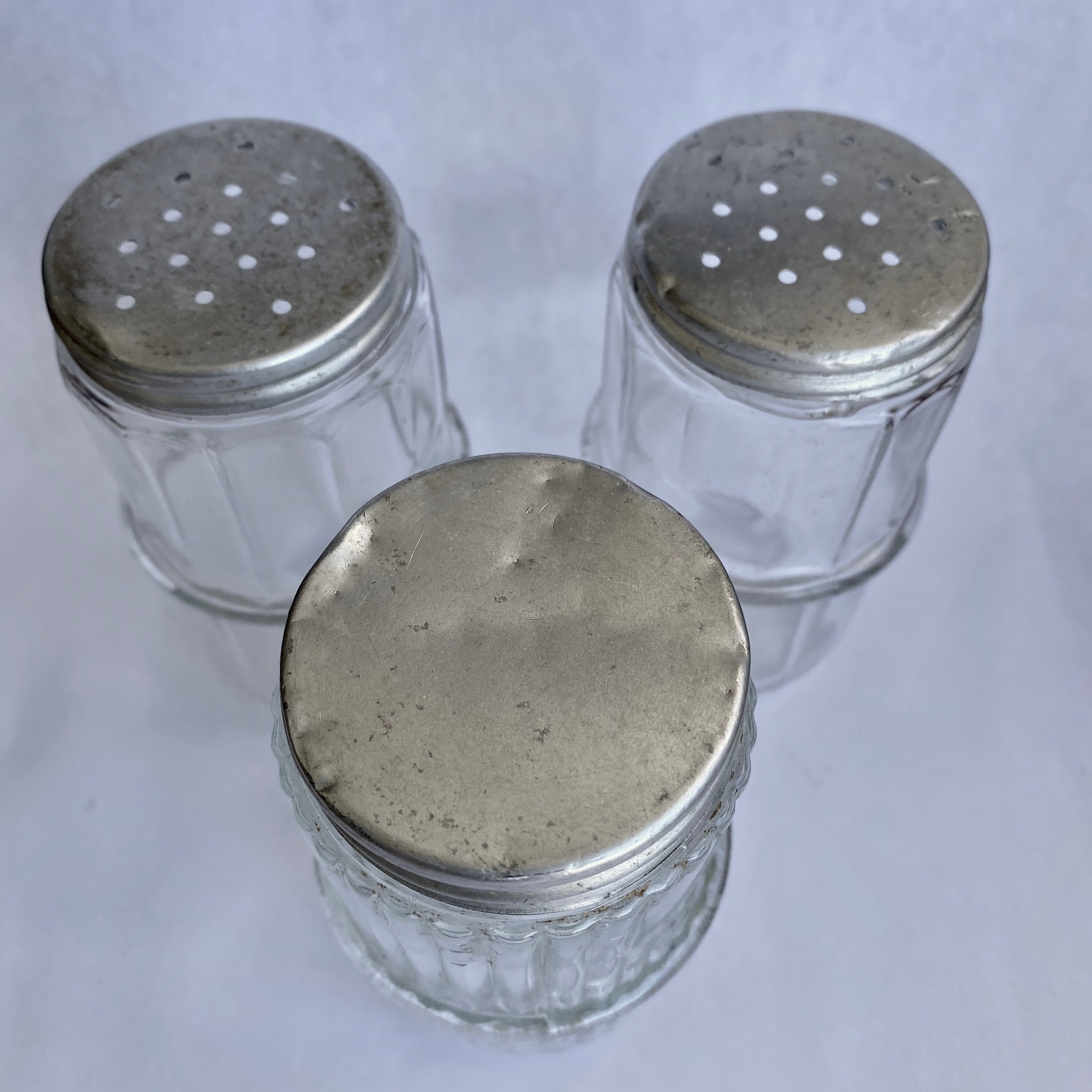 Trio of Original Hoosier Shaker Spice Bottles Jars with Lids