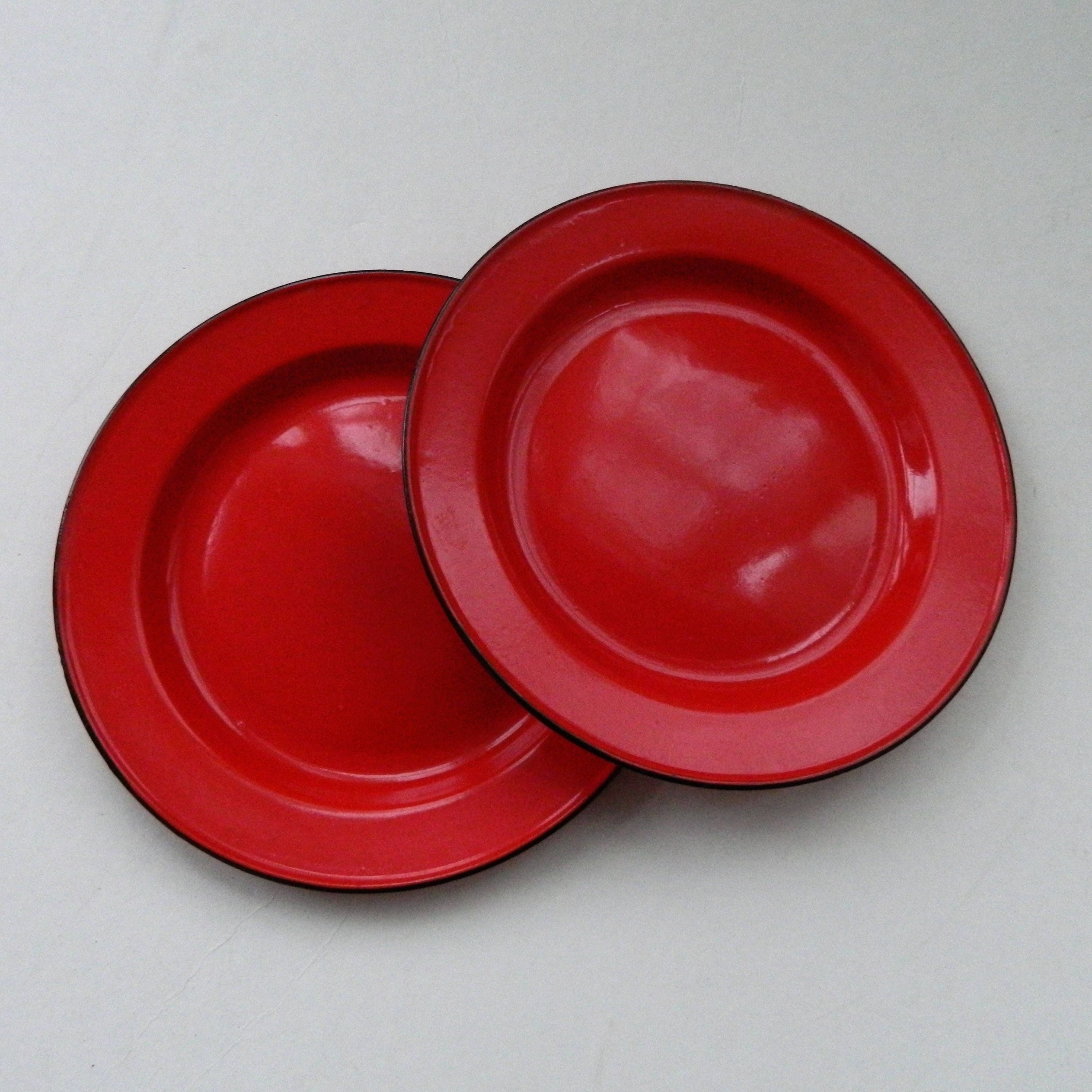 Pair of 2 Red Enamelware 10 Inch Plates