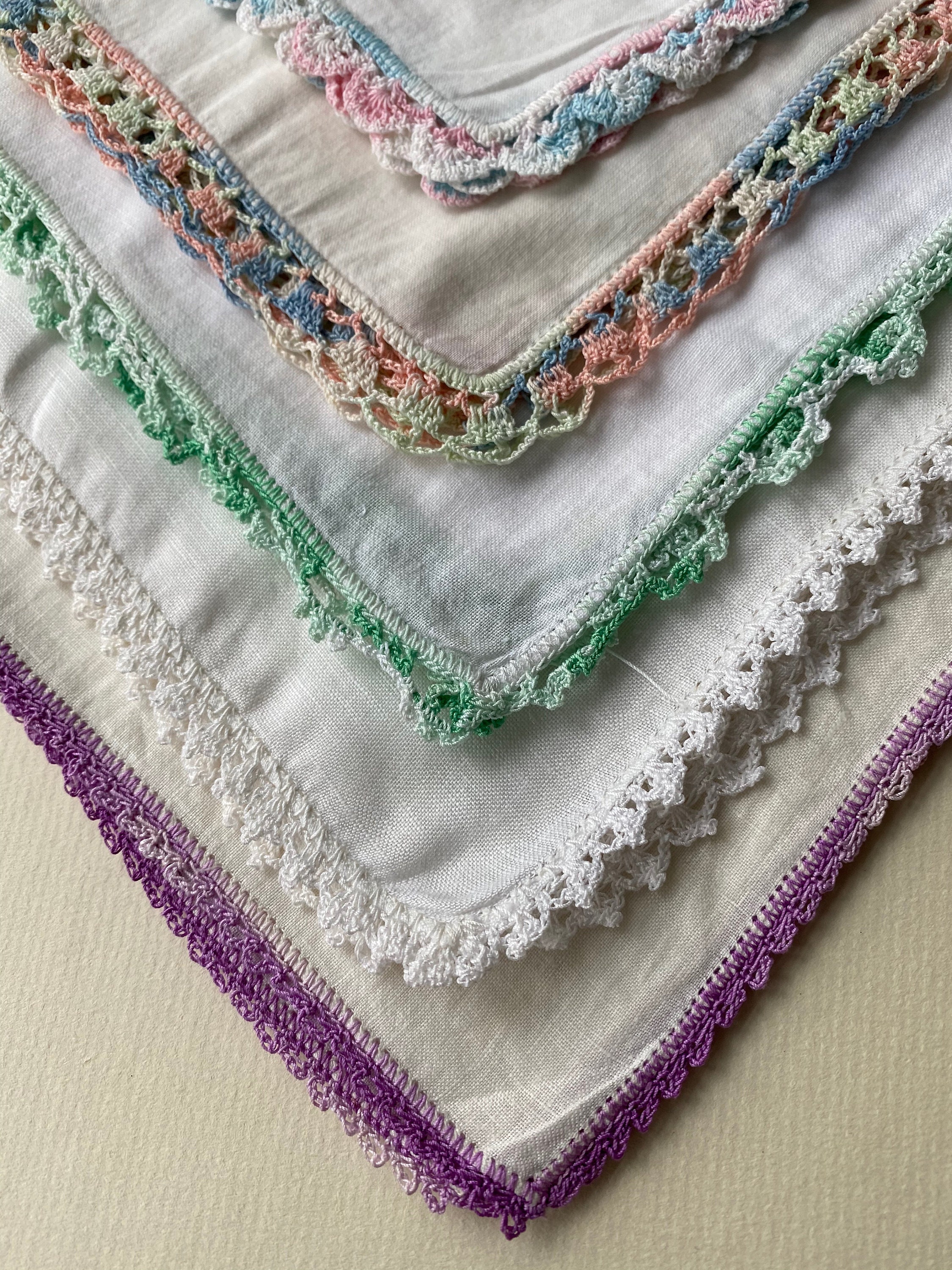 Collection of 5 Vintage Handkerchiefs with Crocheted Edging