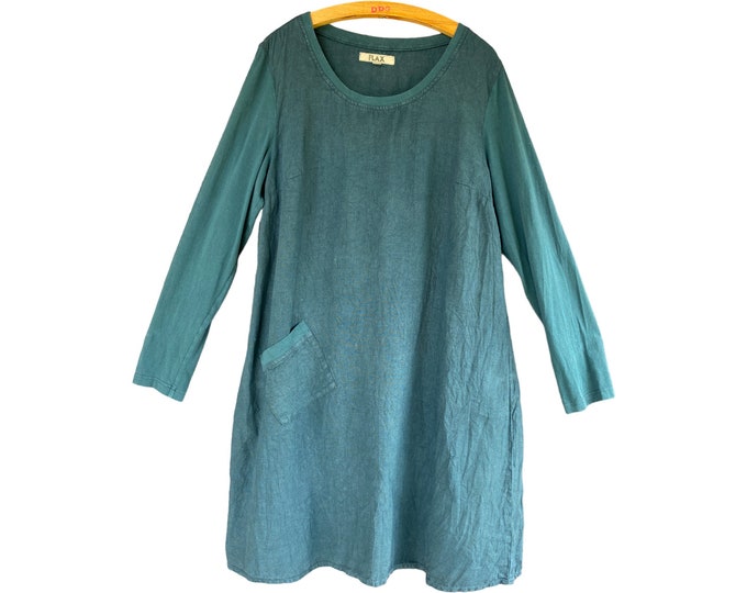 FLAX Pullover Tunic Dress -M- Teal Linen & Cotton/Spandex